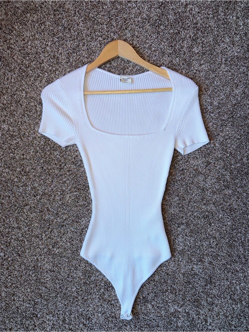 Abercrombie & Fitch White Ribbed Square-Neck Short-Sleeve Bodysuit